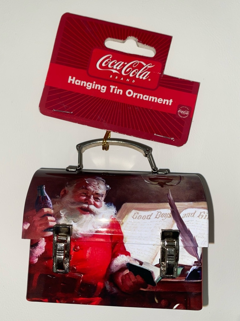 Coca Cola Collectible Santa Red Metal Miniature Lunchbox Hanging 3”H Ornament